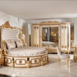 Grand Luxury White and Gold Round Bed Set with Carved Headboard and Matching Wardrobe - Image 1