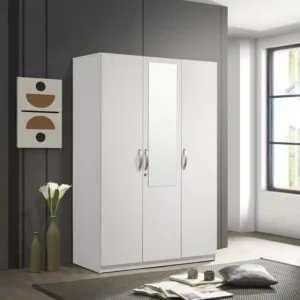 Triple Door Sleek White Wardrobe with Center Full-Length Mirror - Image 1