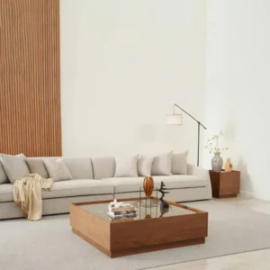 Oakley Simple Walnut Finish Square Center Table with Glass Inset - Image 1