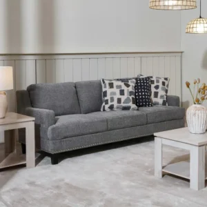 Sophisticated Charcoal Grey Jute Fabric Sofa with Stud Detailing - Image 1