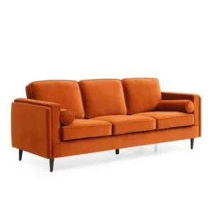 Mid-Century Modern Vibrant Orange Velvet Sofa with Bolster Pillows - Image 1