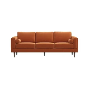 Mid-Century Modern Vibrant Orange Velvet Sofa with Bolster Pillows - Image 2
