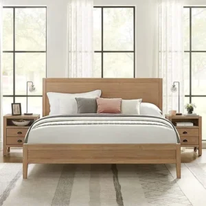Elegant Light Brown Solid Wood Minimalist Queen Size Bed - Image 1