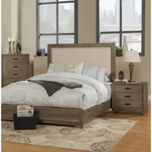 Classic Half-Polish Dark Brown Wooden Bed with Padded Grey Fabric Headboard - Image 1