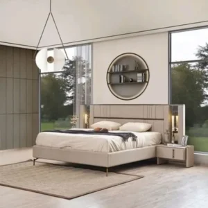 Modern Turkish Velvet Upholstered Bed with Vertical Stitching and Built-in Nightstands - Image 1
