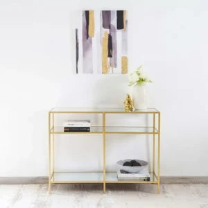Simple Minimalist Gold Frame Console Table with Glass Shelving - Image 1