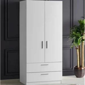 Minimalist White Two-Door Wardrobe with Dual Bottom Drawers - Image 1