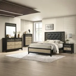 Classic Black and Beige Tufted Bedroom Set with Intricate Lattice Work - Image 1