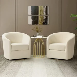 Modern White Velvet Swivel Barrel Chairs with Gold Pedestal Side Table - Image 1