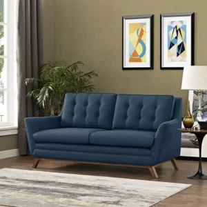 Mid-Century Modern Blue Jute Fabric Sofa with Deep Button Tufting - Image 1