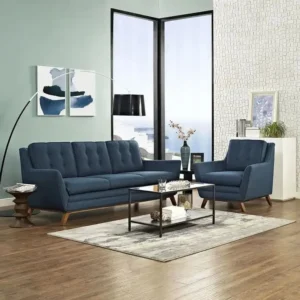 Mid-Century Modern Blue Jute Fabric Sofa with Deep Button Tufting - Image 2