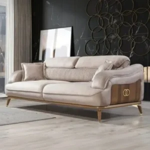 Turkish Style Beige Velvet Sofa with Gold Accents and Wood Paneling - Image 1