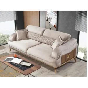 Turkish Style Beige Velvet Sofa with Gold Accents and Wood Paneling - Image 2