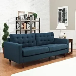 Mid-Century Modern Blue Velvet Tufted Sofa with Brown Tapered Legs - Image 1