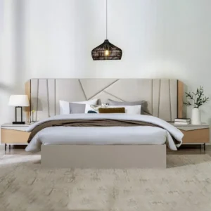 Modern Fabric Upholstered Bed with Geometric Paneled Headboard - Image 1