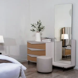 Modern Fabric Upholstered Bed with Geometric Paneled Headboard - Image 2