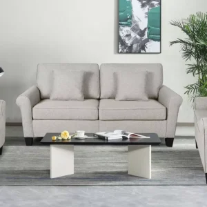 Classic White Jute Fabric 2-Seater Sofa with Black Accents - Image 1