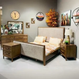 Modern Light Brown Wood Bed with Textured Fabric Headboard - Image 1