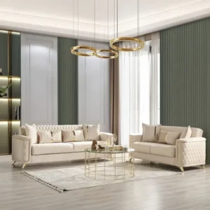 Turkish Style Cream Fabric Sofa Set with Gold Metal Accents and Quilted Detailing - Image 1