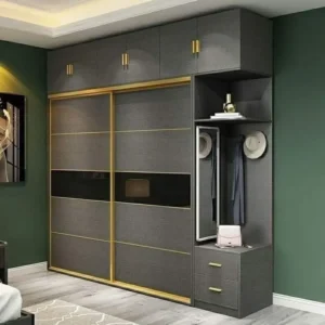 Luxury Modern Grey and Gold Sliding Door Wardrobe with Integrated Vanity Section - Image 1