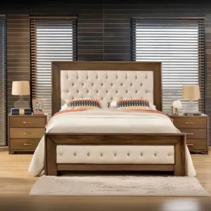 Traditional Wood Frame Bed with Diamond Tufted Cream Insets - Image 1