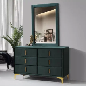 Emerald Green Turkish Velvet Dressing Table with Vertical Gold Accents and Large Mirror - Image 2
