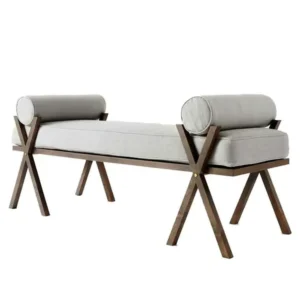 Modern Grey Fabric Settee with Dark Brown X-Frame Base - Image 1