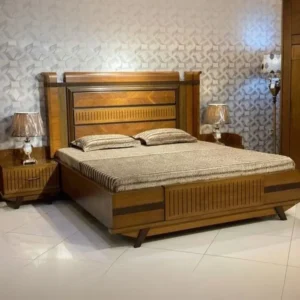 Luxury Golden Oak Polish Bed with Linear Carved Accents - Image 1