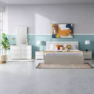 Minimalist White Modern Deco Bed with 6-Drawer Dresser - Image 1