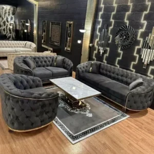 Luxury Turkish Style Tufted Velvet Sofa Set in Charcoal Black with Gold Accents - Image 1