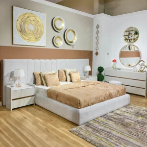 Contemporary White Jute Upholstered Bed with Extended Headboard and Gold Details - Image 1