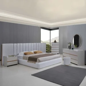 Contemporary White Jute Upholstered Bed with Extended Headboard and Gold Details - Image 2