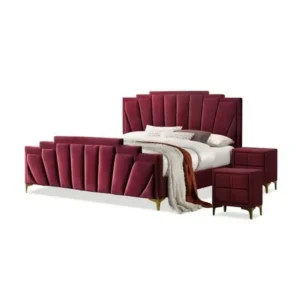 Royal Maroon Velvet Wingback Bed with Art Deco Tiered Headboard - Image 1