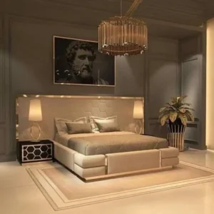 Luxury Grey Velvet Fabric Bed with Hexagon Quilted Headboard and Gold Deco Trim - Image 1