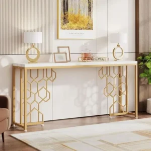 Turkish Style White and Gold Console Table with Hexagonal Geometric Design - Image 1