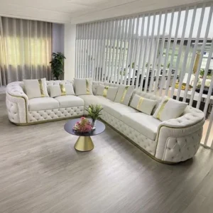 Luxurious Turkish Style White Velvet Tufted Sectional Sofa with Gold Trim Accents - Image 1