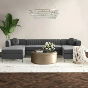 Modern Charcoal Grey Velvet U-Shaped Sectional Sofa with Bolster Pillows - Image 1
