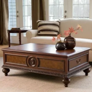 Regal Heritage Dark Walnut Carved Wood Coffee Table with Storage Drawers - Image 1