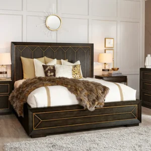 Modern Dark Brown Polish Bed with Gold Geometric Inlay Design - Image 1