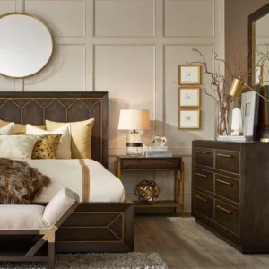 Modern Dark Brown Polish Bed with Gold Geometric Inlay Design - Image 2