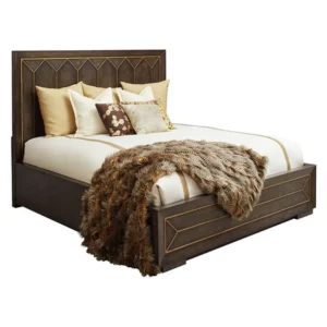 Modern Dark Brown Polish Bed with Gold Geometric Inlay Design - Image 3