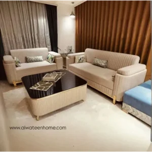 Turkish Beige Velvet Sofa Set with Gold Metal Legs - Image 1