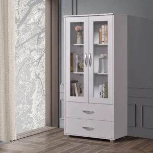 Contemporary White Two-Door Glass Showcase with Storage Drawers - Image 1
