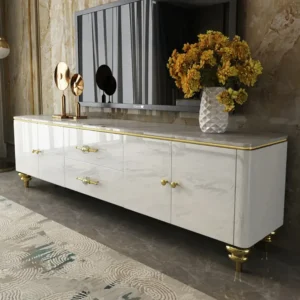 Luxury Turkish Style White Marble Finish TV Console with Gold Accented Legs - Image 1