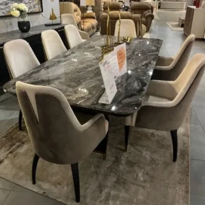 Contemporary Marble Top Dining Table with Velvet Upholstered Two-Tone Chairs - Image 1