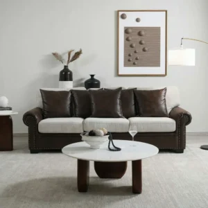 Classic Dark Brown Leather-Rite Sofa with Marble Table Set - Image 1