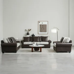 Classic Dark Brown Leather-Rite Sofa with Marble Table Set - Image 2
