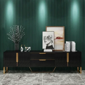 Modern Black Fluted LCD Floor Unit with Gold Trim Accents and Marble Surface - Image 1