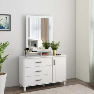 Sleek White Deco Dressing Table with Integrated Mirror and Storage Cabinet - Image 1