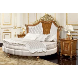 Luxury White Quilted Round Bed with Brown Wood and Gold Carvings - Image 1